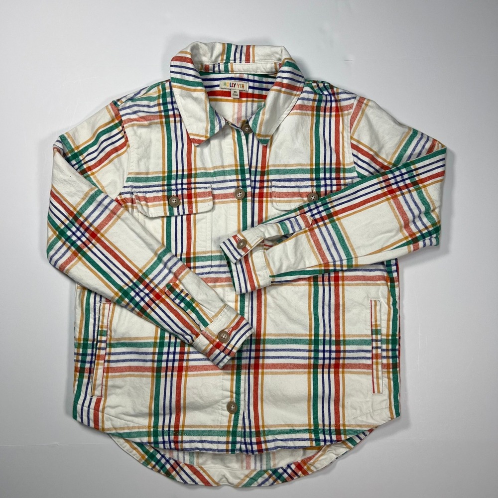 Molly‎ Yeh Flannel Plaid Shirt Jacket Womens XS White Rainbow Shacket Cotton